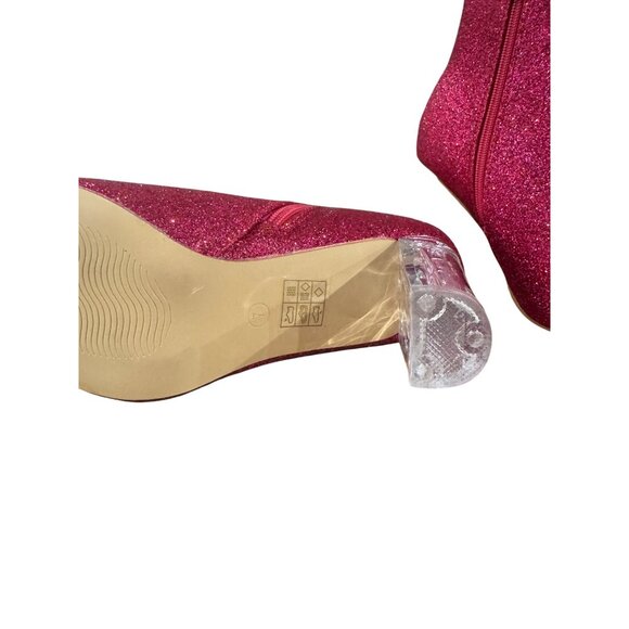 Pink Glitter Ankle Boots With Transparent Block Heels & Side Zippers For Women - Picture 5 of 8